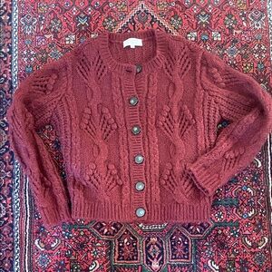 Sezane Burgundy Eugenie Cable Knit Cardigan Jumper